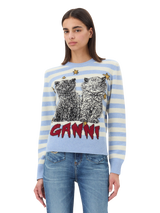 Striped wool sweater with cat motif 